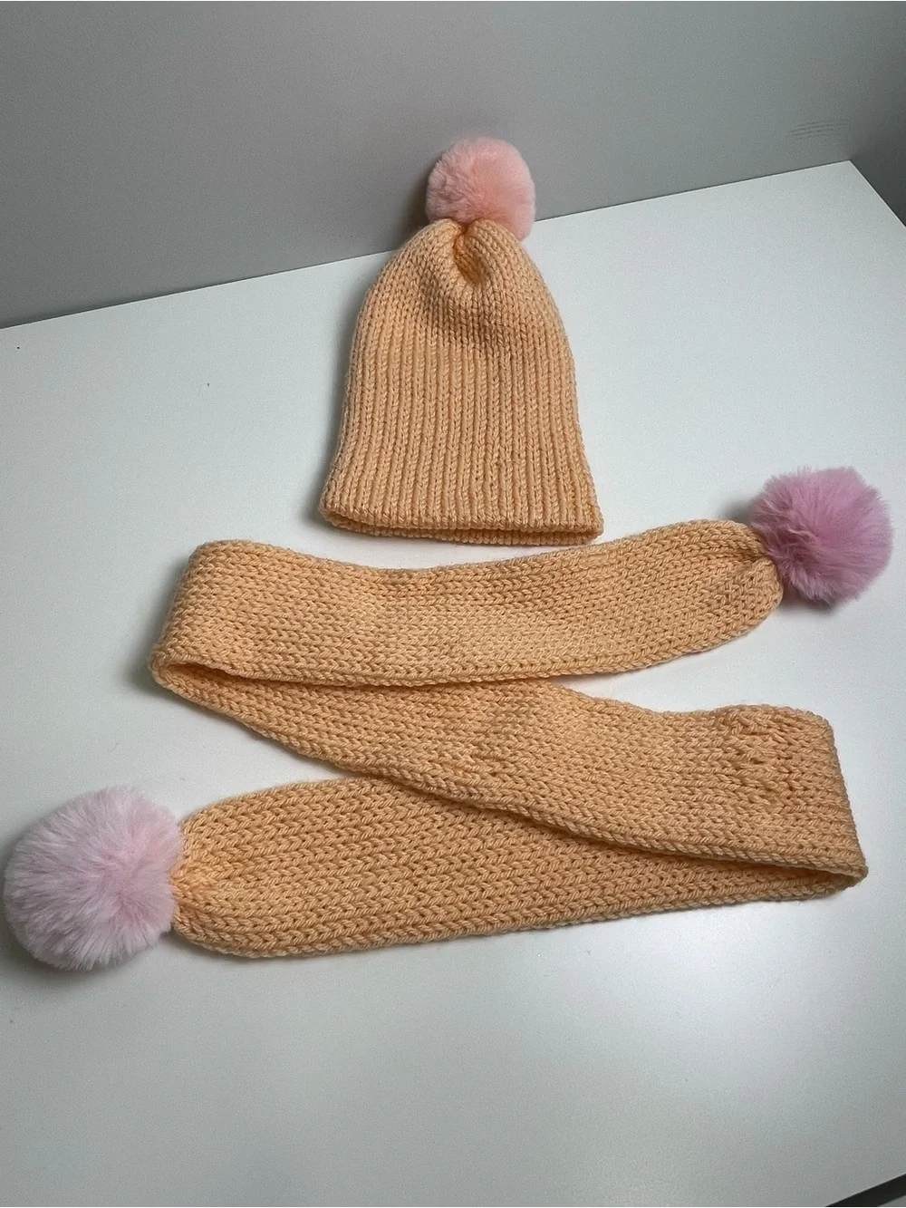 Kids Peach Knit Beanie and Pom-Trim Scarf Set handmade small 4-6